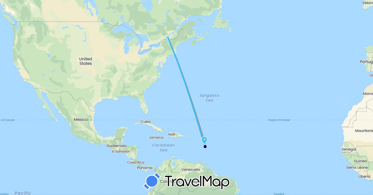 TravelMap itinerary: driving, plane, boat in Canada, Dominica, France (Europe, North America)